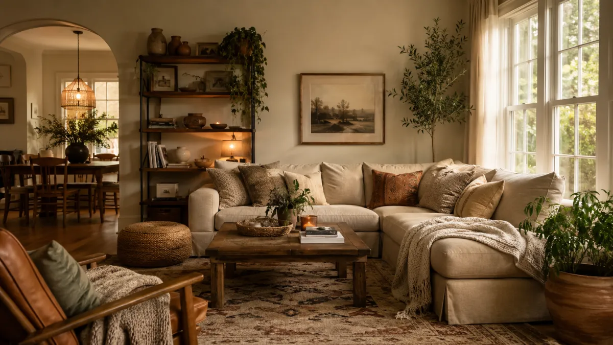 A warm, beautifully styled living room with natural ligh
