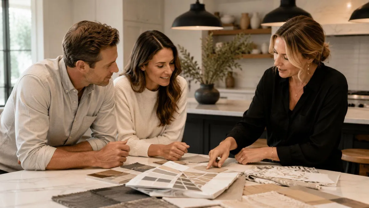 A designer and homeowner reviewing fabric and paint samples together at a table