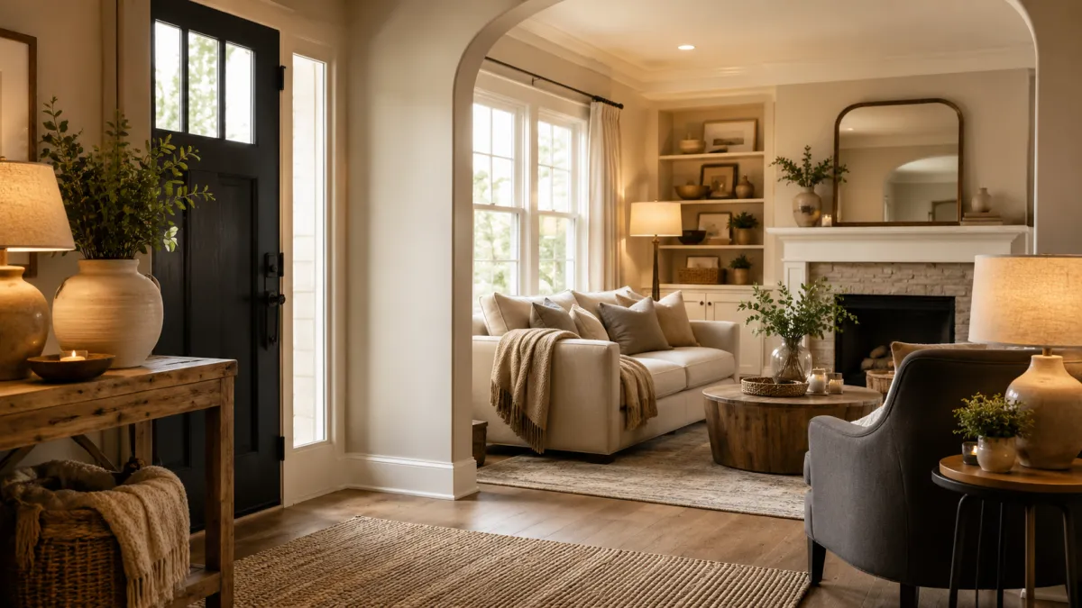 A warm, welcoming entryway and living room styled for guests