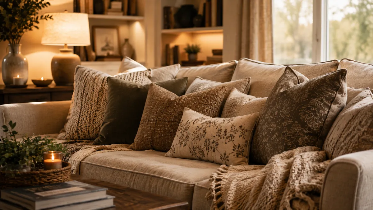 A layered living room with mixed patterns, textures, and pillows that feel cohesive