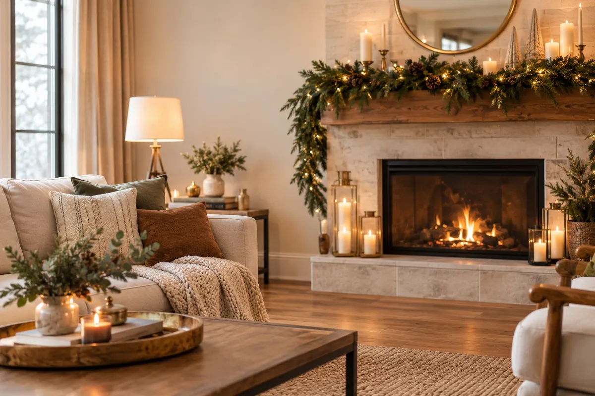 An elegantly decorated living room with subtle, cohesive holiday touches.
