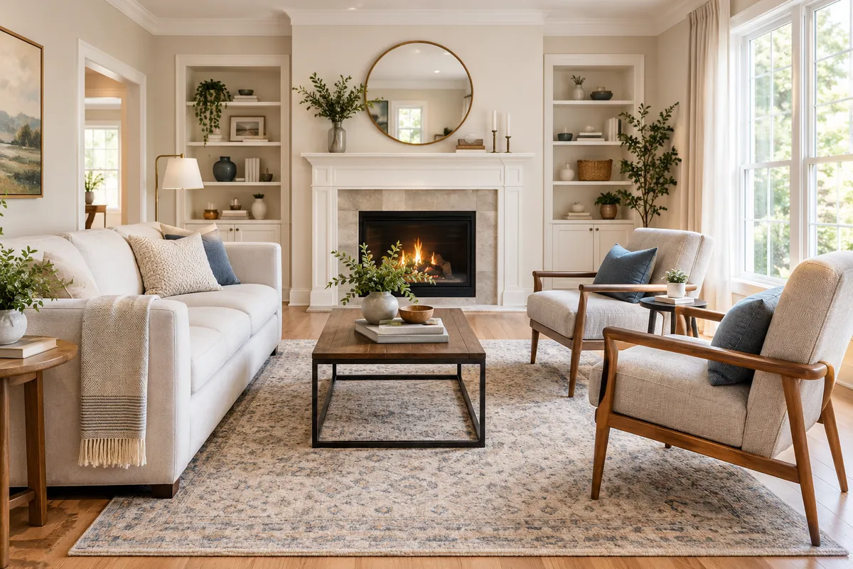 A well-arranged living room with furniture pulled into a cozy conversation area on a rug