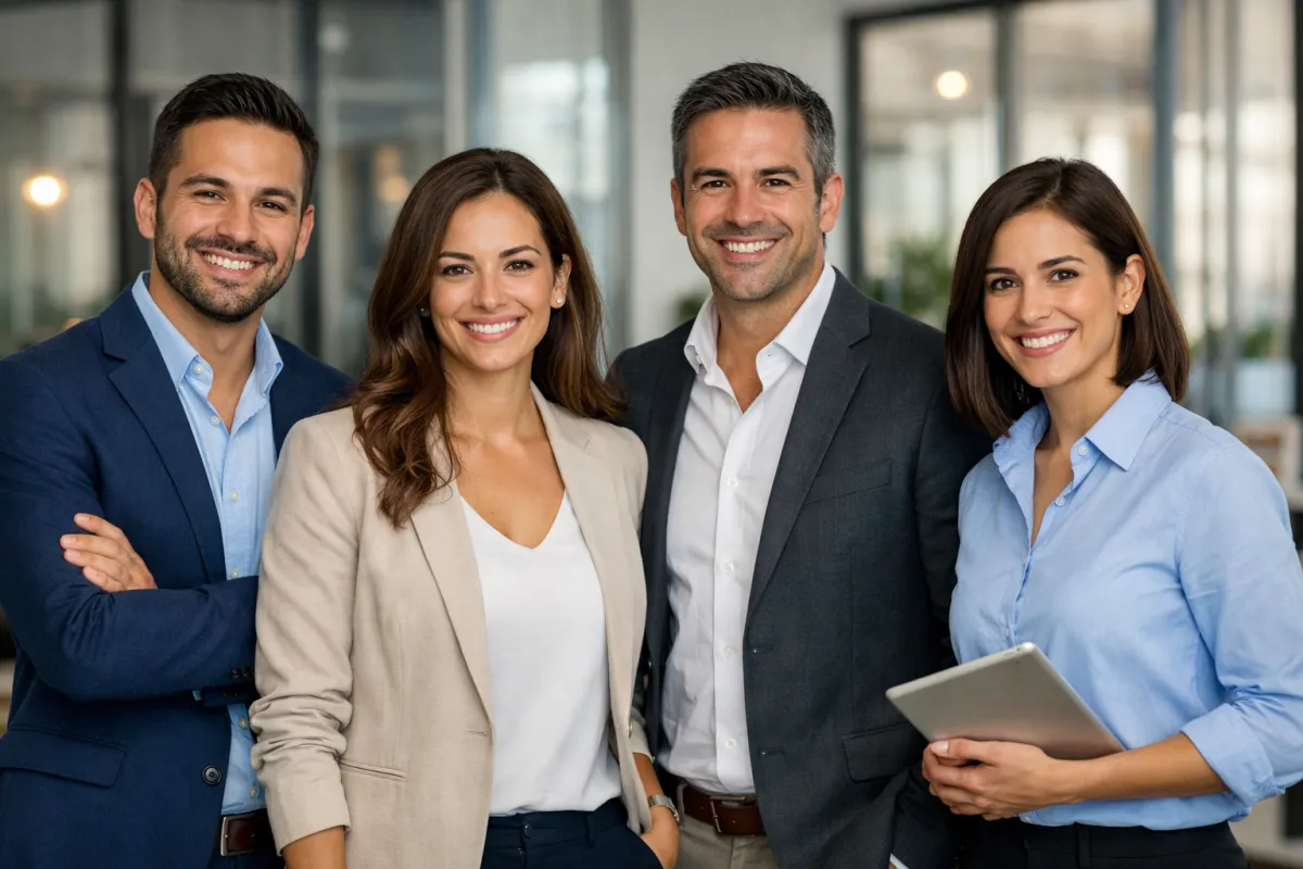 Professional business meeting between diverse international sales partners and Brilliance executive, modern office, branded documents, confident handshake, natural daylight, premium attire, 3:2 aspect ratio