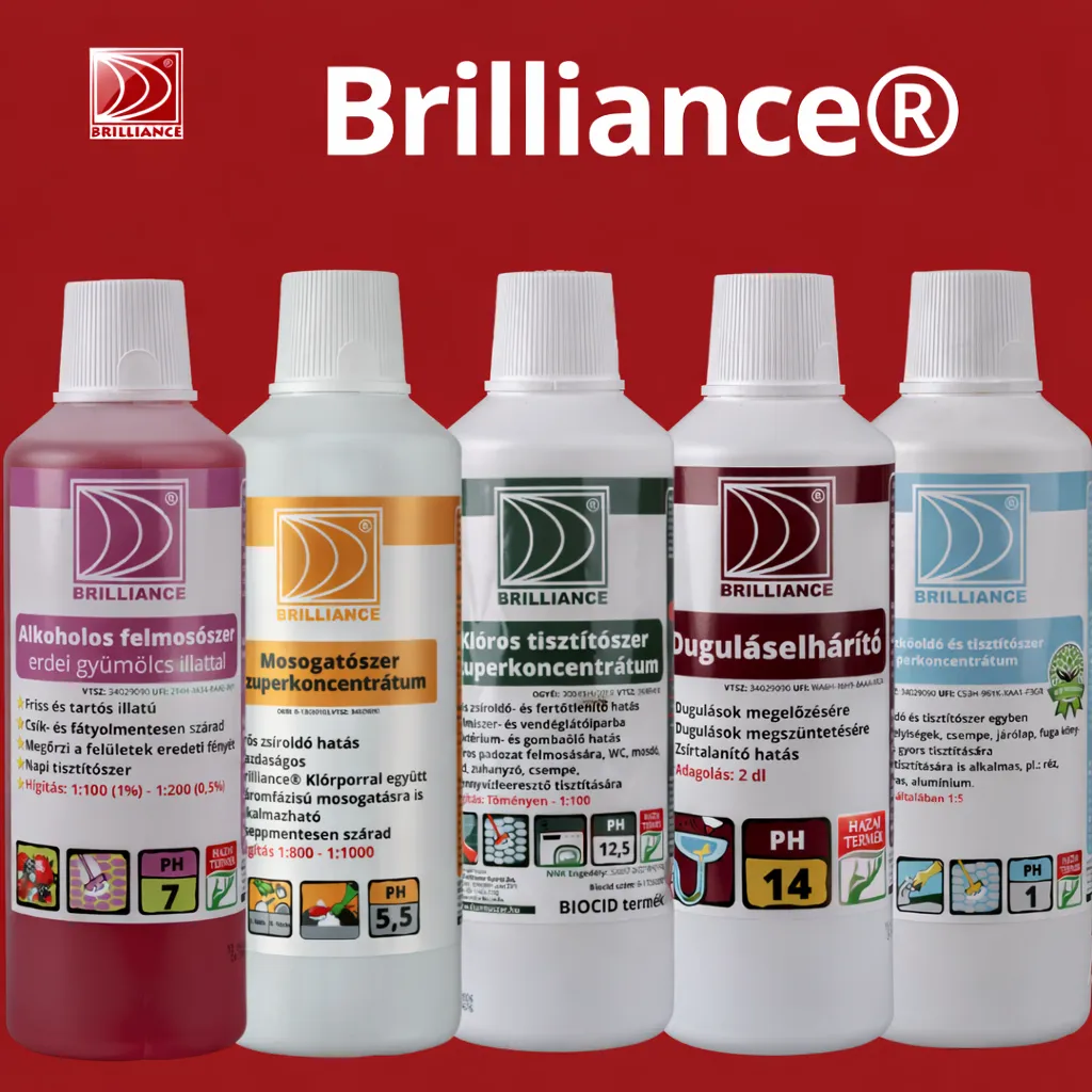 Brilliance cleaning products arranged on a sleek table, gold-accented packaging, soft studio lighting, modern minimalist background, 3:2 aspect ratio