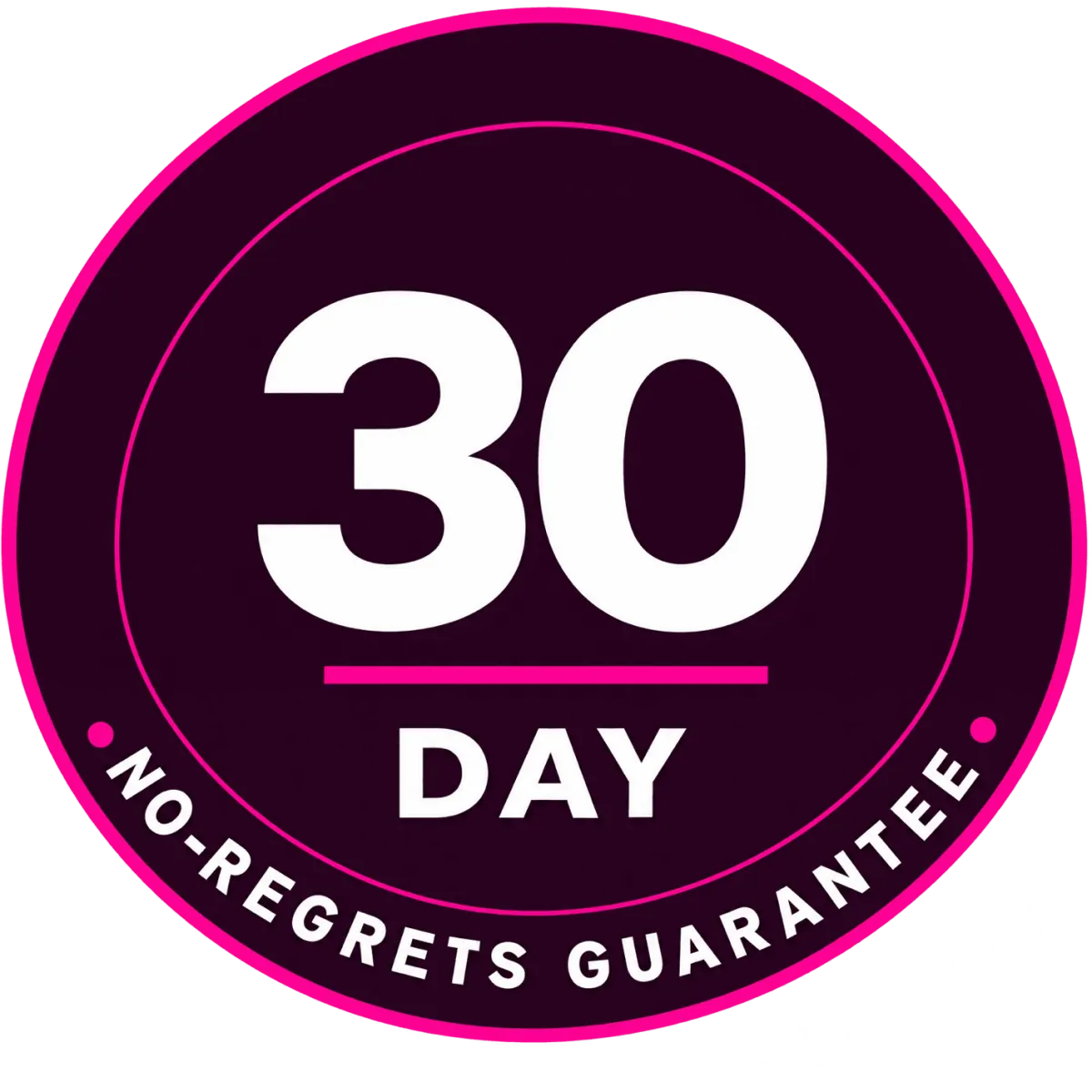 [Guarantee Badge Image] — 30-Day "No-Regrets" guarantee seal, gold/magenta badge on transparent background