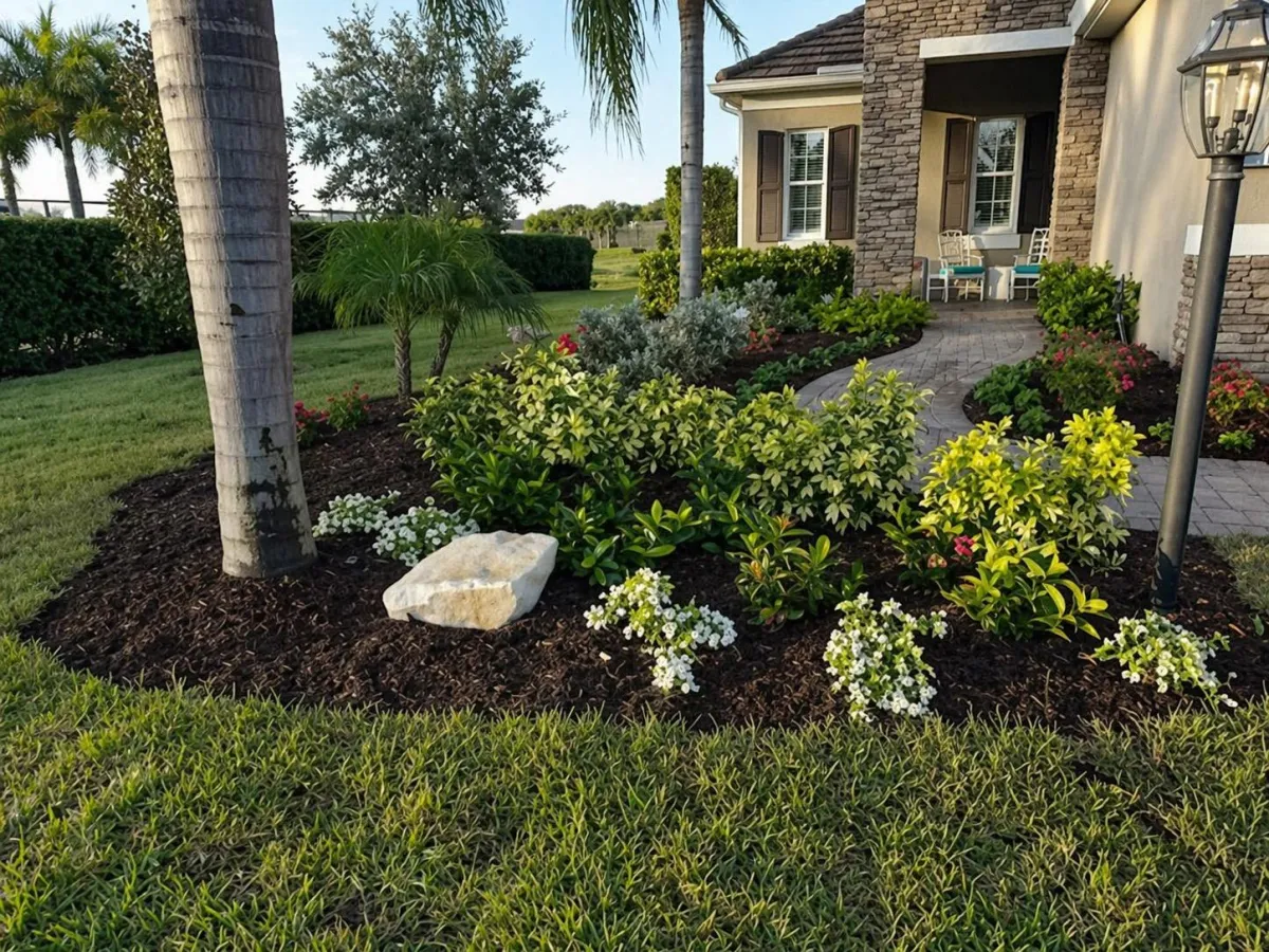 Professional front yard landscape installation with fresh mulch, mixed shrubs, flowering plants, and palm trees