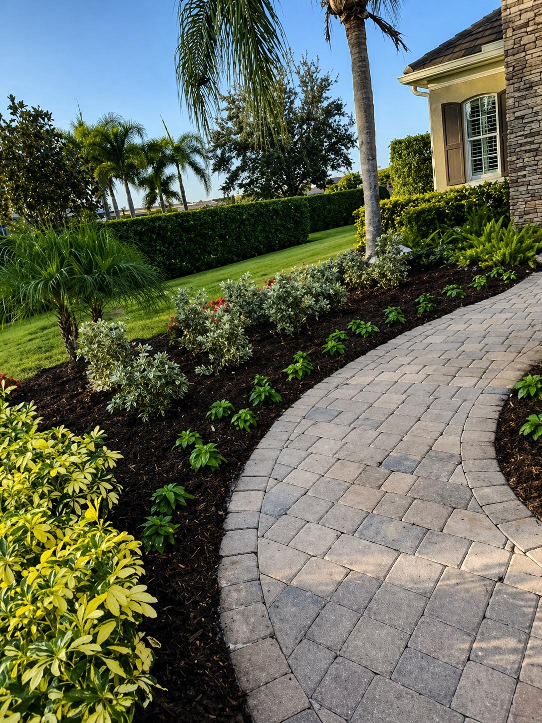 Professional landscape installation with tropical plants, fresh mulch, manicured hedges, and curved paver walkway at a residential home