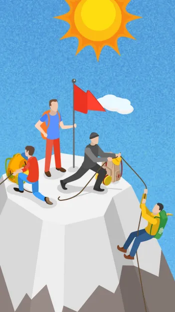 People climbing a mountain to the top — symbol of personal growth and success