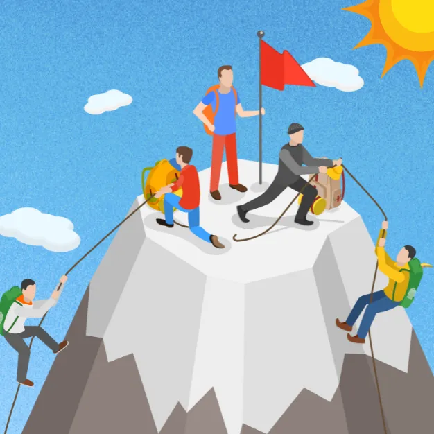 People climbing a mountain to the top — symbol of personal growth and success