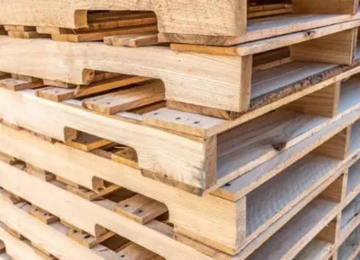 Two large trucks angled from he rear, each with a very large load of hundreds of wooden pallets.