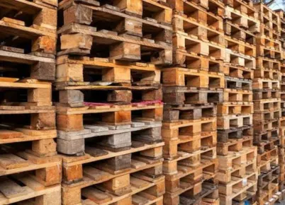 Two large trucks angled from he rear, each with a very large load of hundreds of wooden pallets.