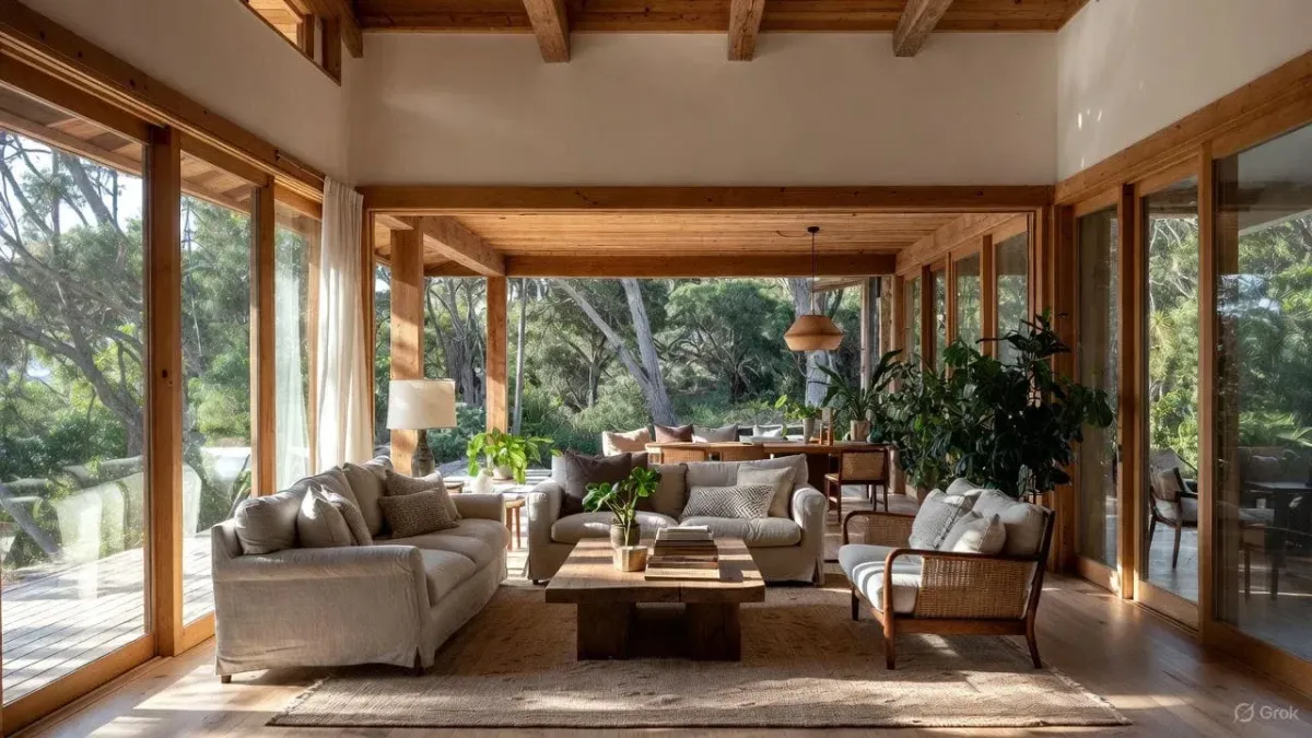 Elegant mountain rental living room overlooking the Blue Ridge Mountains at dusk