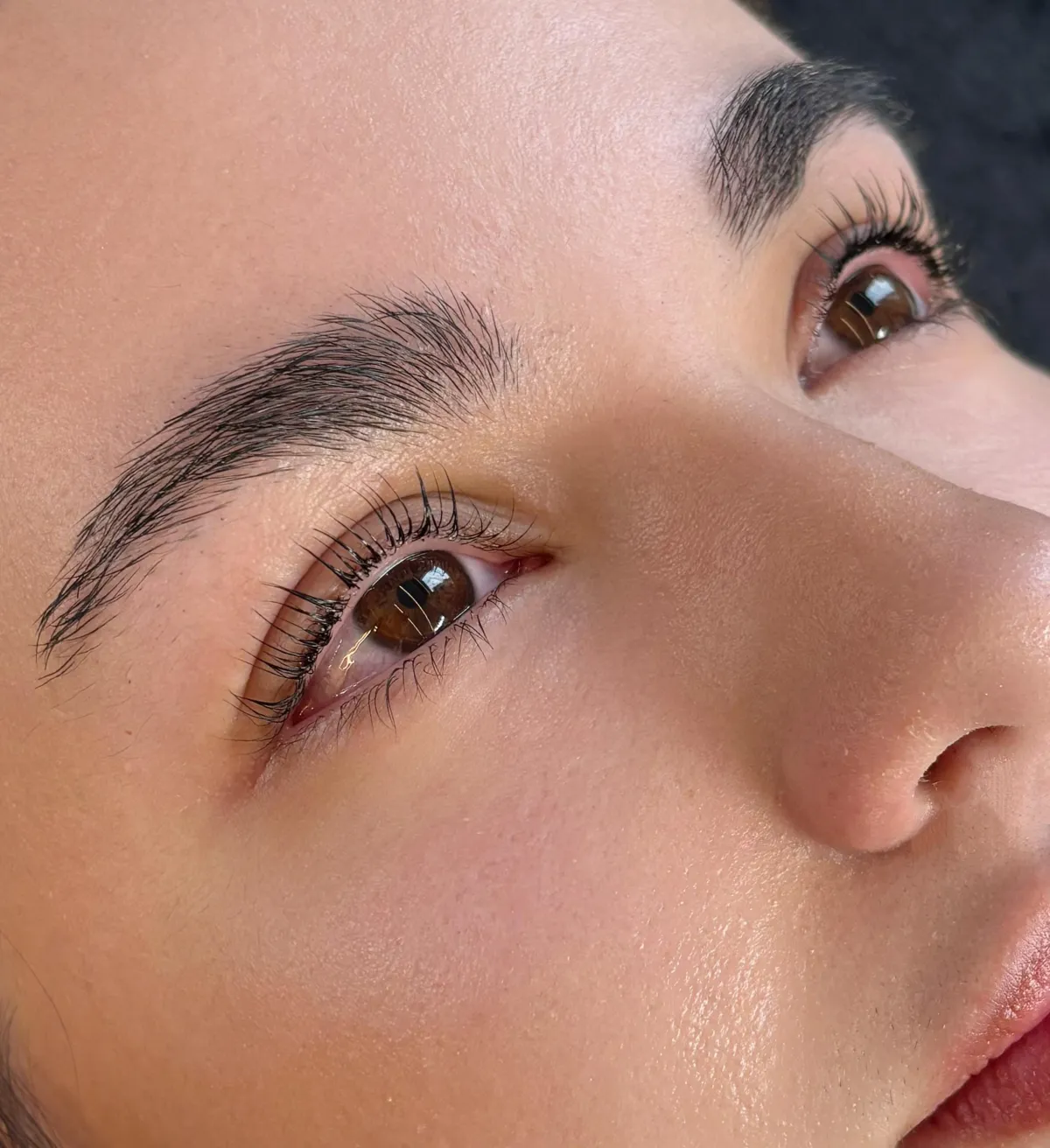 Close-up of voluminous lashes held slightly apart to show length and evenness, soft natural lighting, studio-clean styling, highlights professional finishing and extension balance.