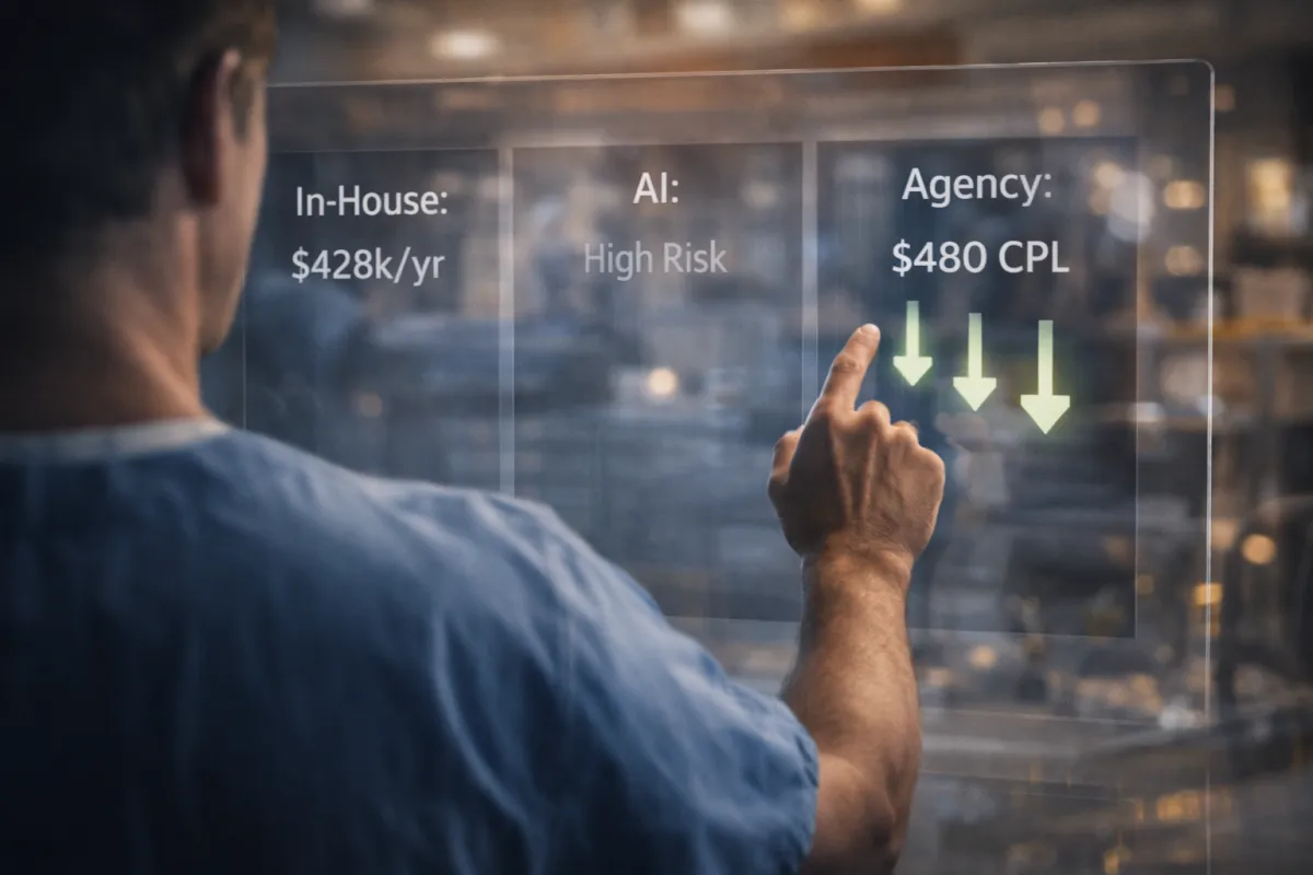 fertility specialist analyzing IVF marketing cost comparison dashboard showing agency vs in-house vs AI performance