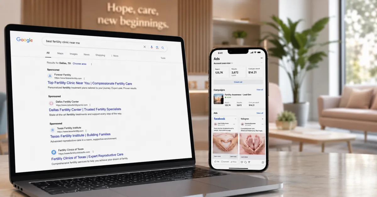 Split-screen comparison of Google Ads and Meta Ads for fertility clinic marketing, showing a laptop with search results and a smartphone with social media ads in a modern medical office setting.