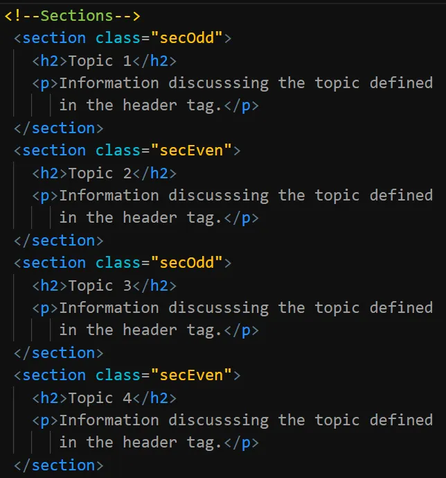 code in the html section element