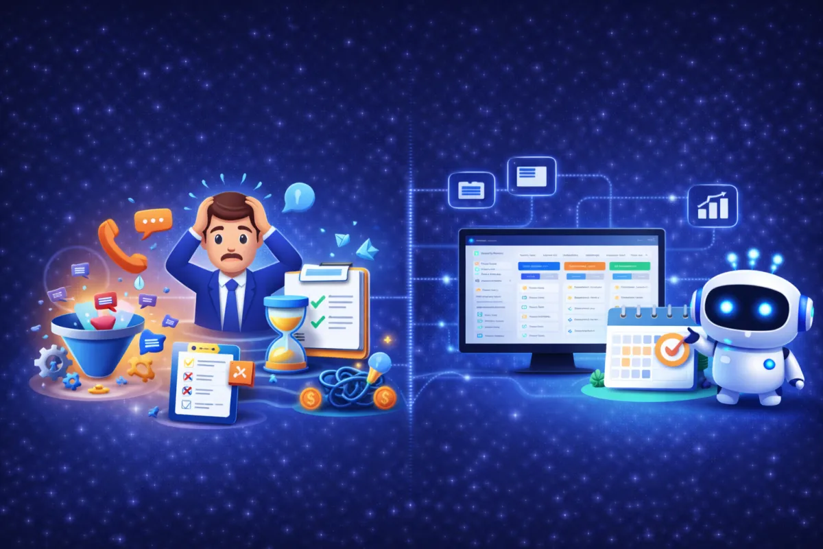comparison of manual lead management problems versus automated CRM system solution