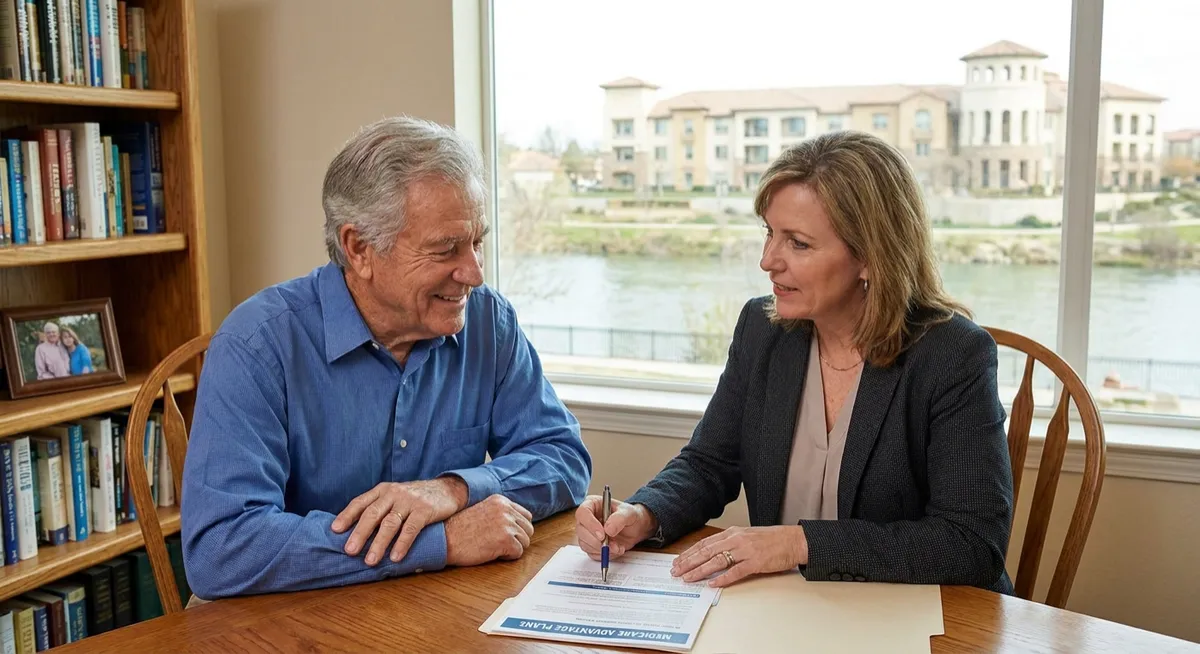 A Bakersfield couple in their sixties reviewing Medicare enrollment paperwork at their kitchen table with a calendar nearby