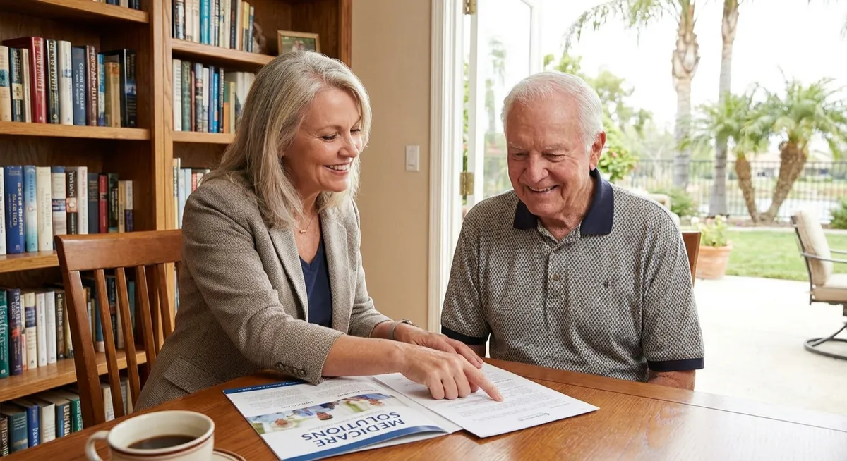 An opened Annual Notice of Change envelope and plan booklet on a table beside reading glasses and a notepad