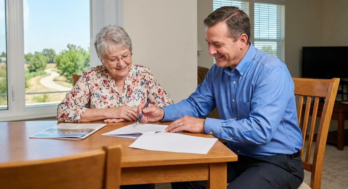 A retired couple unpacking moving boxes in a sunny Bakersfield living room, with Medicare paperwork on the counter