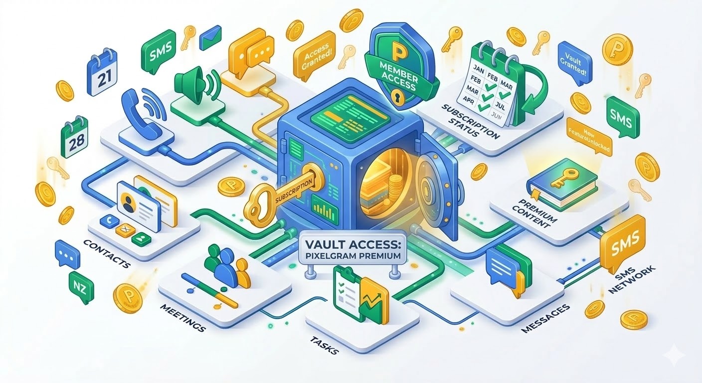 A professional 3D illustration showing a GoHighLevel membership system generating recurring revenue