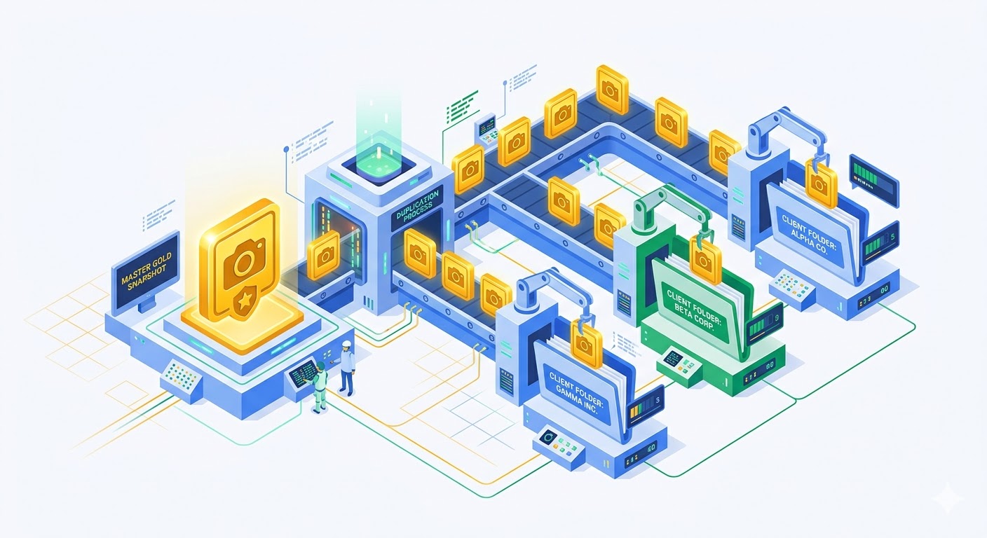 An isometric illustration of the GoHighLevel snapshot setup process for agency account cloning and automation.
