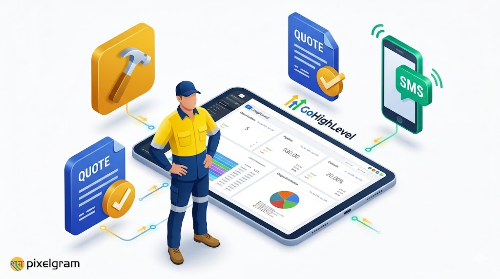 GoHighLevel CRM automation for Australian plumbers, electricians, and builders showing automated quoting and SMS.