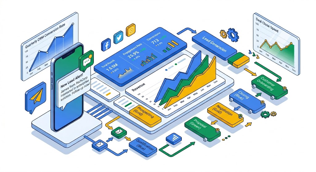 3D isometric illustration of a structured GoHighLevel pipeline management board for small business sales tracking, displaying clear deal stages, opportunity cards with dollar values, automated text messaging triggers, and clean performance analytics on a white background using Pixelgram blue, green, and gold colors.