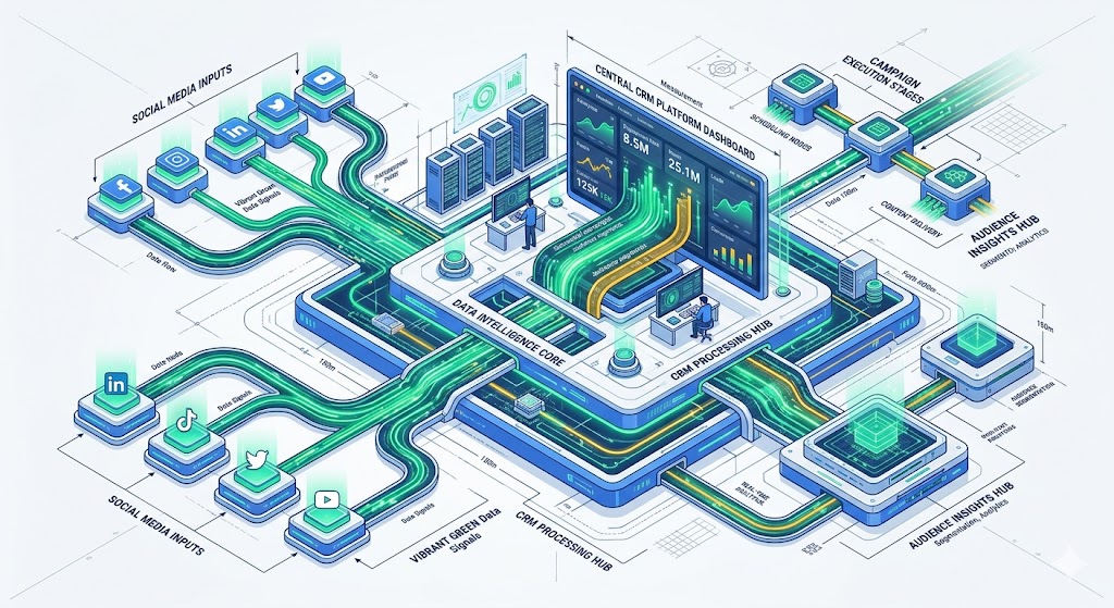 A premium 3D isometric diagram illustrating a new customer tracking system and Facebook lead ads CRM integration inside GoHighLevel.