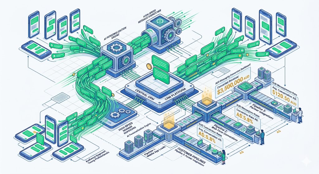 A 3D isometric illustration detailing CRM SMS workflow automation and bulk text message marketing campaigns using GoHighLevel.