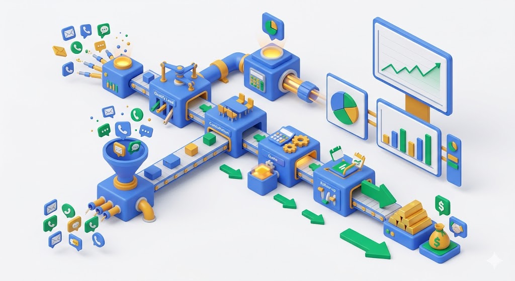 A technical 3D isometric illustration detailing an end-to-end automated sales system using GoHighLevel CRM workflows and pipeline management.
