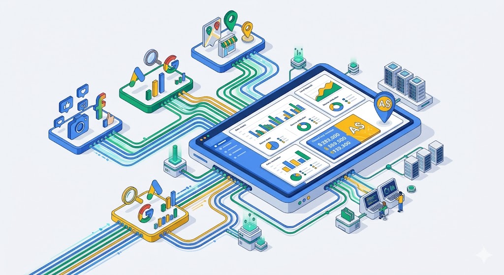 A technical 3D isometric diagram illustrating marketing ROI tracking CRM workflows and performance analytics dashboards inside GoHighLevel.