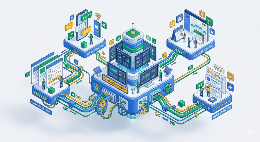 A comprehensive 3D isometric diagram illustrating automated client touchpoints and multi-step lifecycle marketing automation workflows inside GoHighLevel.