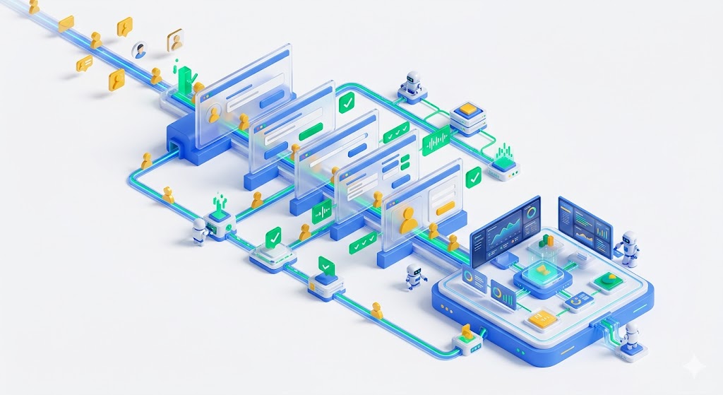 A premium 3D isometric blueprint showing a survey-based lead generation system and custom forms built inside GoHighLevel CRM.