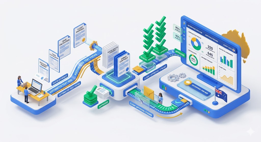 A comprehensive 3D isometric illustration detailing CRM proposal workflow automation and automated quote tracking inside GoHighLevel software.