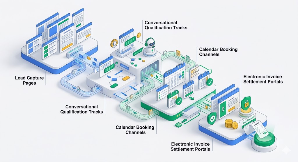 A comprehensive 3D isometric blueprint illustrating an end-to-end lead to sale automation funnel architecture inside GoHighLevel CRM.  HTML