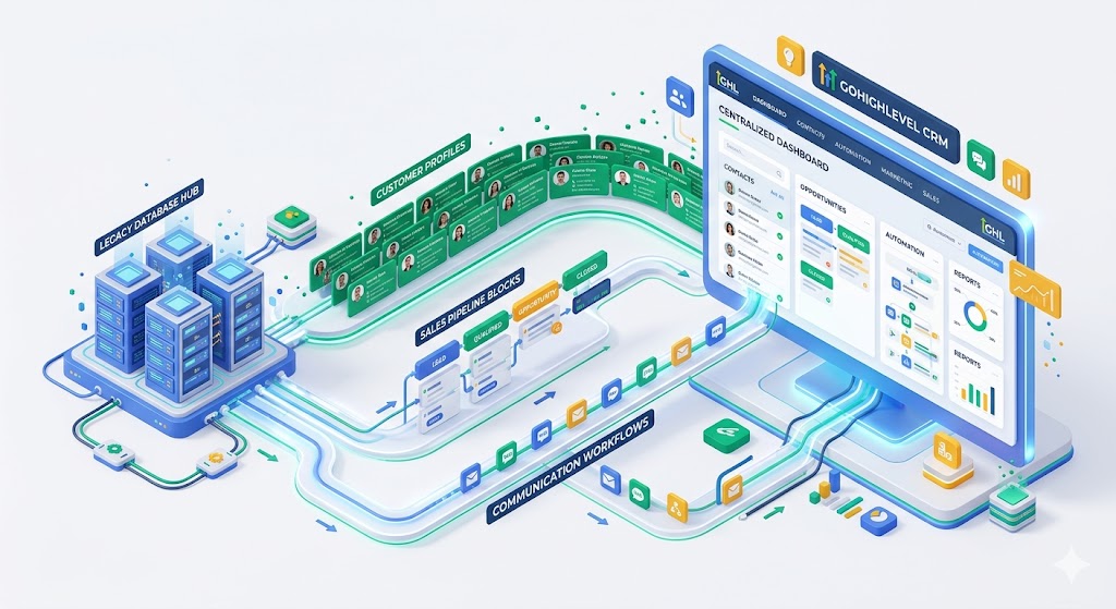 A 3D isometric technical layout showing a seamless CRM migration strategy and data transfer to GoHighLevel for small businesses.