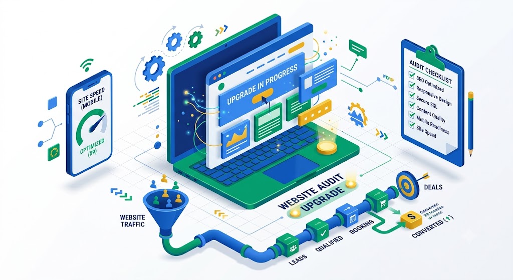 Website redesign checklist and GoHighLevel site upgrade audit illustration by Pixelgram Brisbane