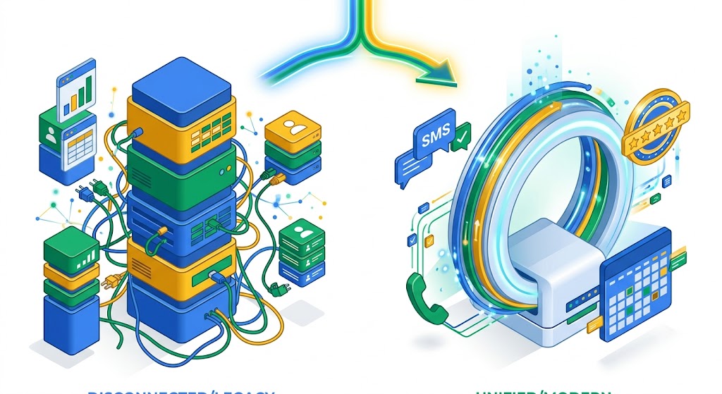 Zoho CRM vs GoHighLevel automation comparison showing fragmented app stack versus unified workflow hub by Pixelgram Brisbane