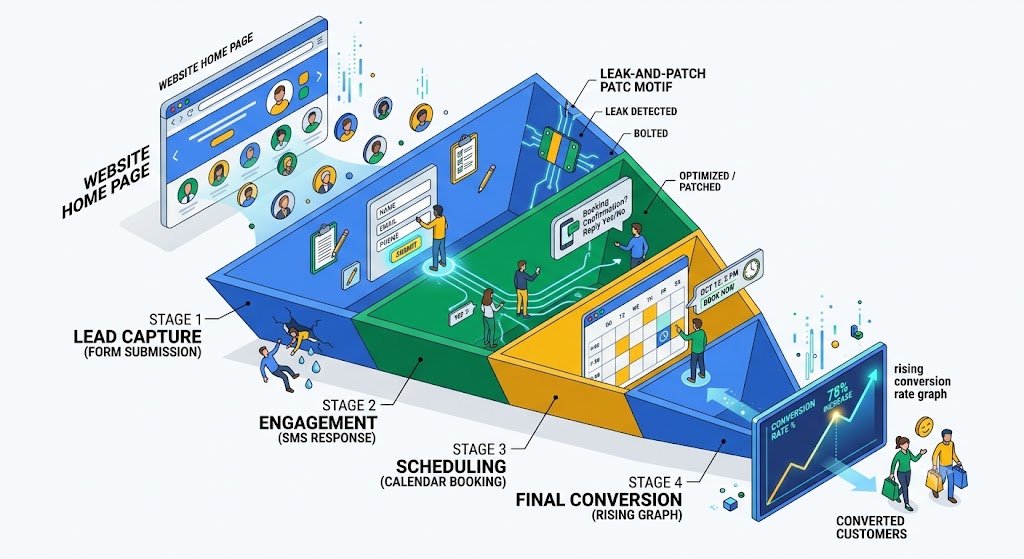 Website conversion optimisation funnel showing GoHighLevel lead capture, SMS follow up and booking automation by Pixelgram Brisbane