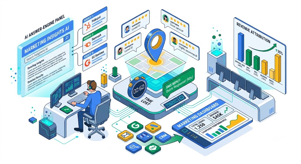 Digital marketing trends 2026 for small business showing AI search, review automation and speed to lead inside GoHighLevel by Pixelgram Brisbane