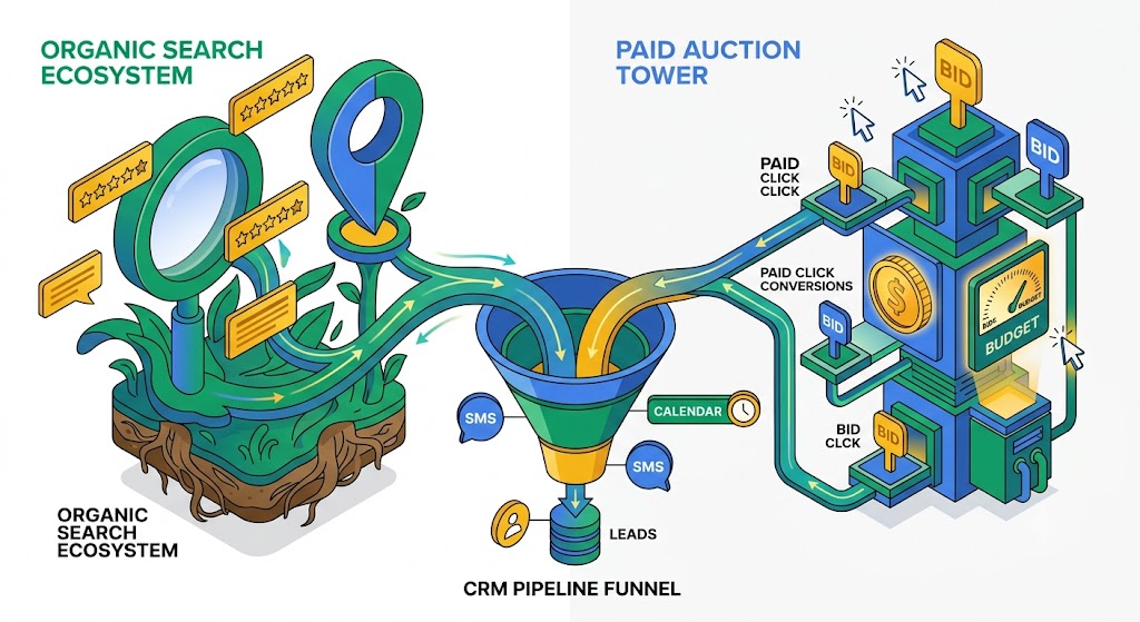 Local SEO versus Google Ads ROI comparison for Australian small businesses using GoHighLevel automation by Pixelgram Brisbane