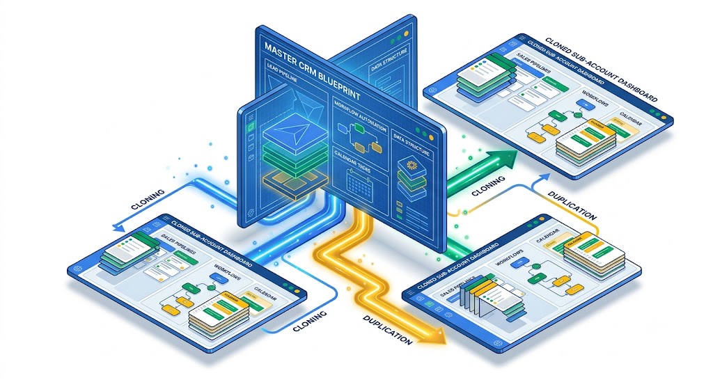 GoHighLevel snapshot setup cloning CRM workflows into multiple agency client sub-accounts by Pixelgram Brisbane