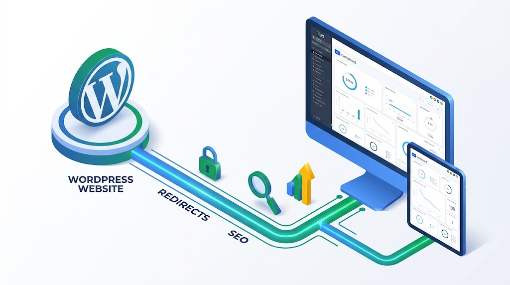 Isometric diagram showing a WordPress website migrating to GoHighLevel while preserving SEO rankings via 301 redirects