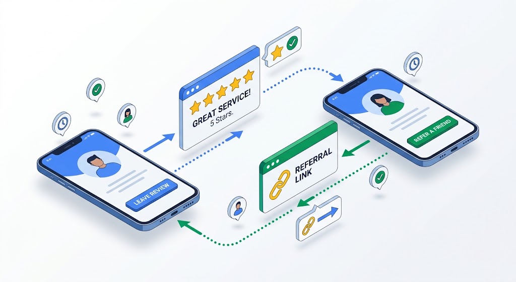 GoHighLevel automated Google review and referral workflow diagram by Pixelgram Digital