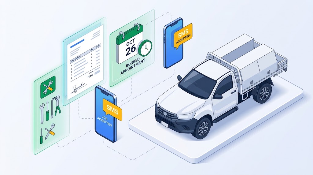 Isometric illustration of a tradie business automating leads, quotes and bookings with GoHighLevel
