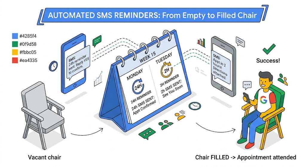 An isometric calendar linked to phones showing the 24 hour and 2 hour SMS reminders, with an empty chair turning into a filled one. It uses your brand hex codes.