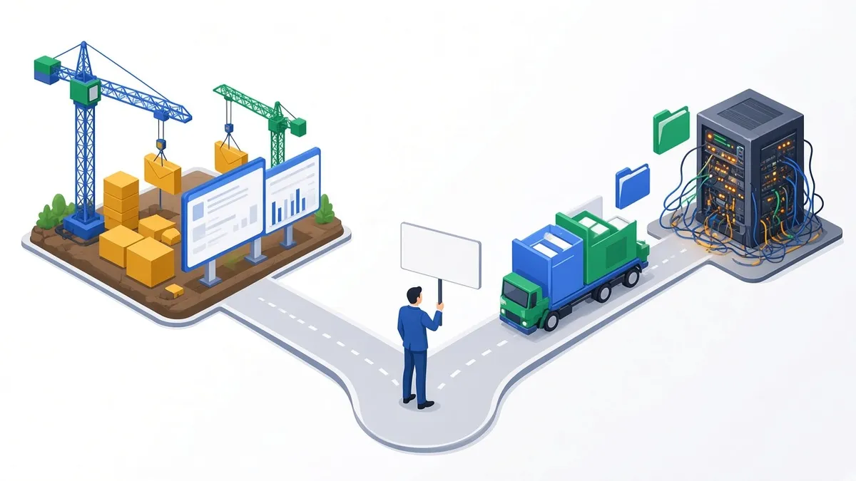 CRM implementation vs CRM migration shown as two paths, building a new CRM versus moving data from an old one, by Pixelgram Brisbane