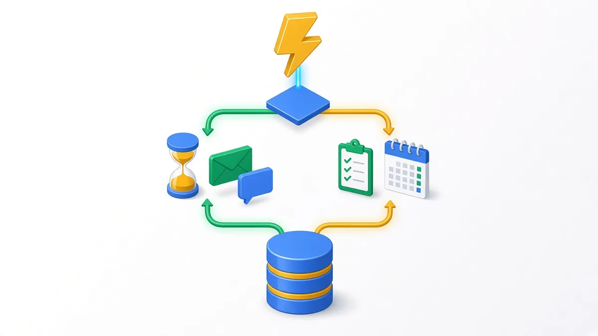 CRM workflow automation explained as a flowchart of triggers, conditions and actions connecting to a CRM, by Pixelgram Brisbane