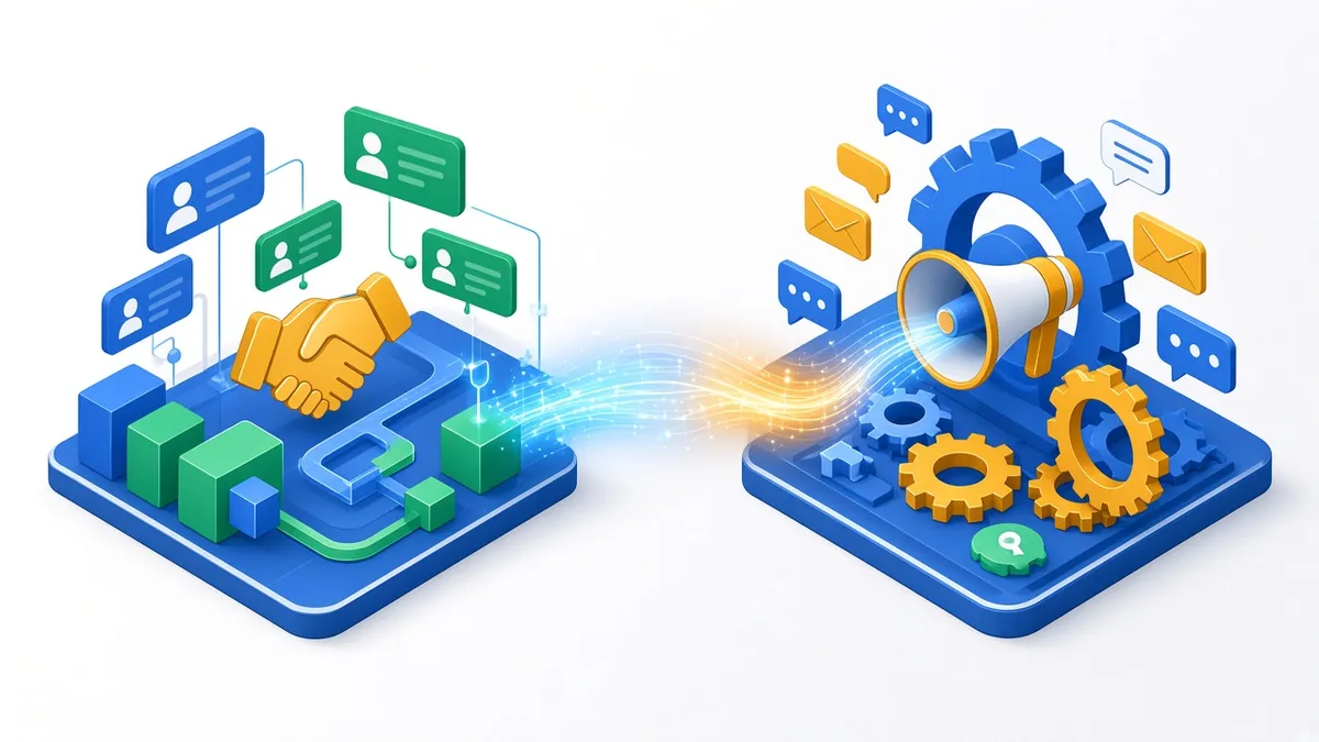 CRM vs marketing automation compared, showing customer relationship records on one side and automated marketing campaigns on the other, by Pixelgram Brisbane